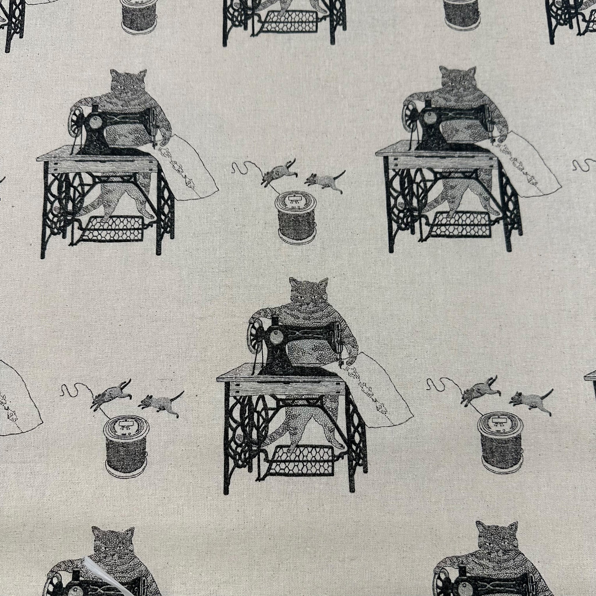 Cats on Treadle Sewing Machines by Naoya Hata Cotton Linen Fabric, Koizumi Imported from Japan, Oatmeal