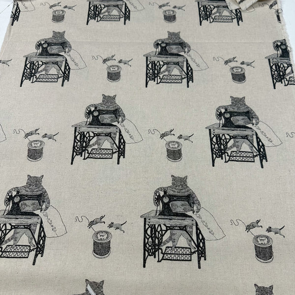 Cats on Treadle Sewing Machines by Naoya Hata Cotton Linen Fabric, Koizumi Imported from Japan, Oatmeal