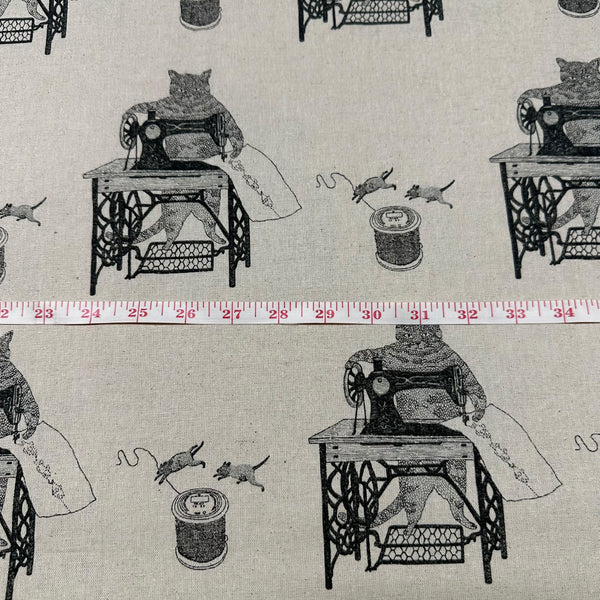 Cats on Treadle Sewing Machines by Naoya Hata Cotton Linen Fabric, Koizumi Imported from Japan, Oatmeal