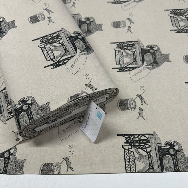 Cats on Treadle Sewing Machines by Naoya Hata Cotton Linen Fabric, Koizumi Imported from Japan, Oatmeal