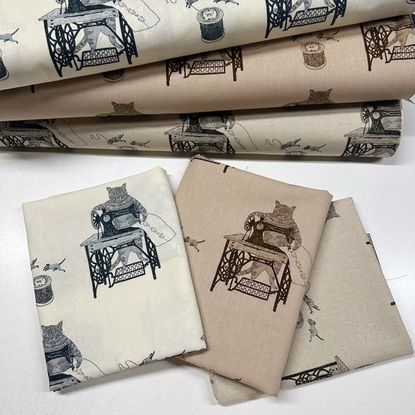 Cats on Treadle Sewing Machines by Naoya Hata Cotton Linen Fabric, Koizumi Imported from Japan, Oatmeal