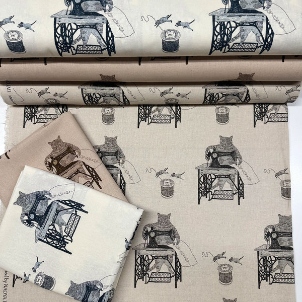 Cats on Treadle Sewing Machines by Naoya Hata Cotton Linen Fabric, Koizumi Imported from Japan, Oatmeal