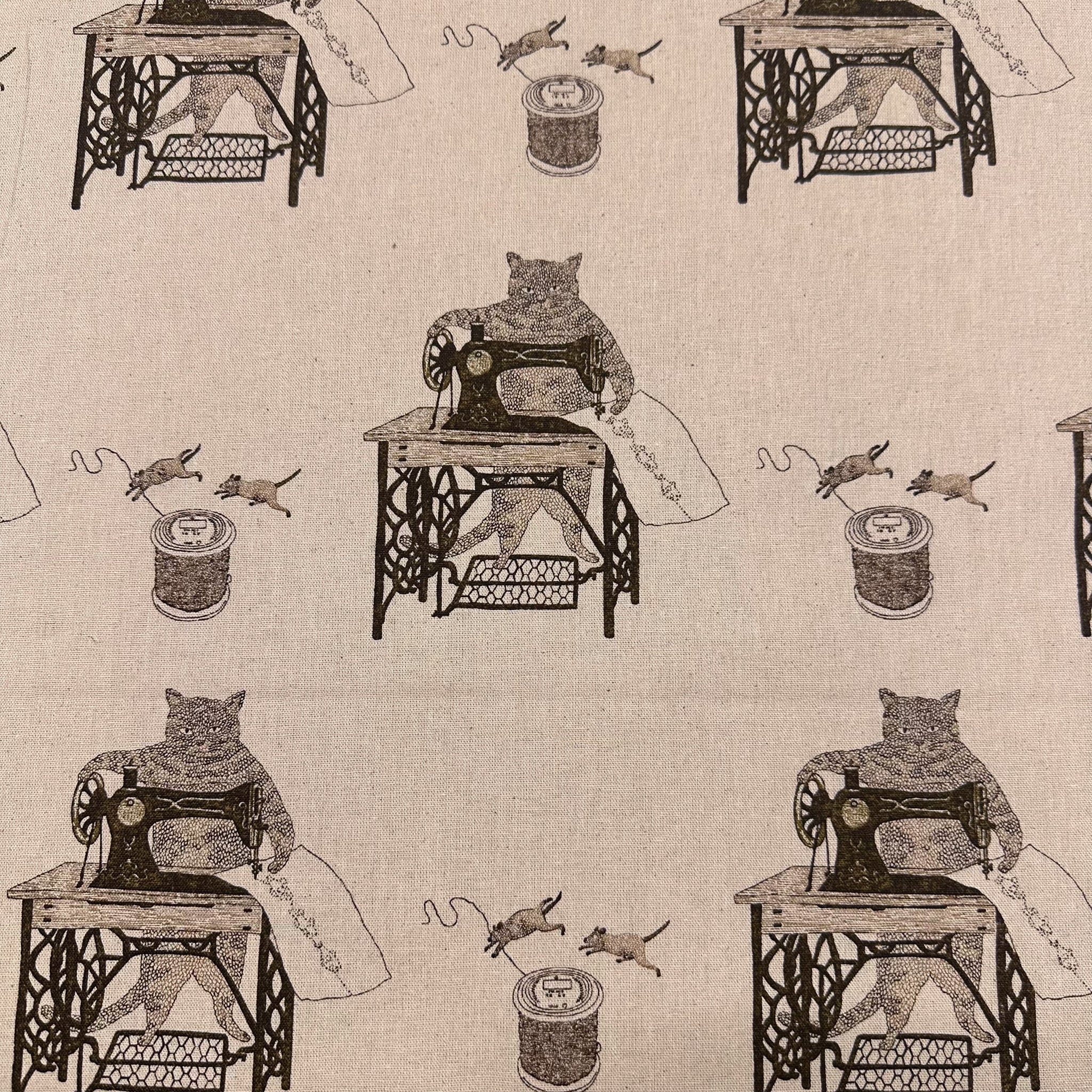 Cats on Treadle Sewing Machines by Naoya Hata Cotton Linen Fabric, Koizumi Imported from Japan, lt brown