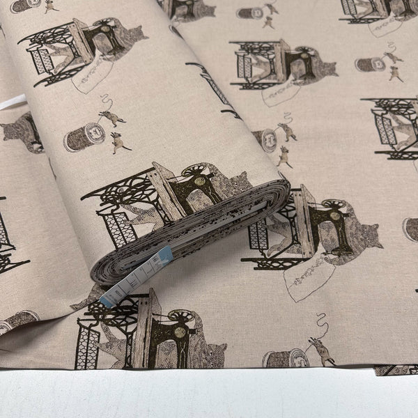 Cats on Treadle Sewing Machines by Naoya Hata Cotton Linen Fabric, Koizumi Imported from Japan, lt brown