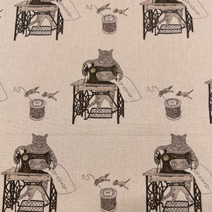 Cats on Treadle Sewing Machines by Naoya Hata Cotton Linen Fabric, Koizumi Imported from Japan, lt brown