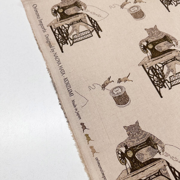 Cats on Treadle Sewing Machines by Naoya Hata Cotton Linen Fabric, Koizumi Imported from Japan, lt brown