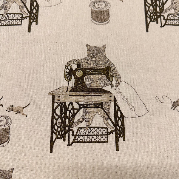 Cats on Treadle Sewing Machines by Naoya Hata Cotton Linen Fabric, Koizumi Imported from Japan, lt brown