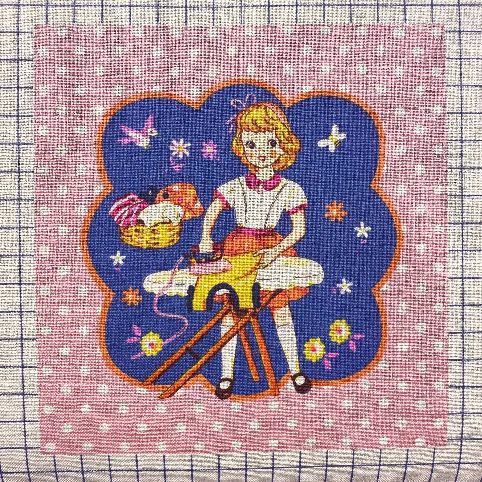 Cheery Days by Koko Seki Cotton Fabric, Retro Sewing Girls - Blue, Imported from Japan