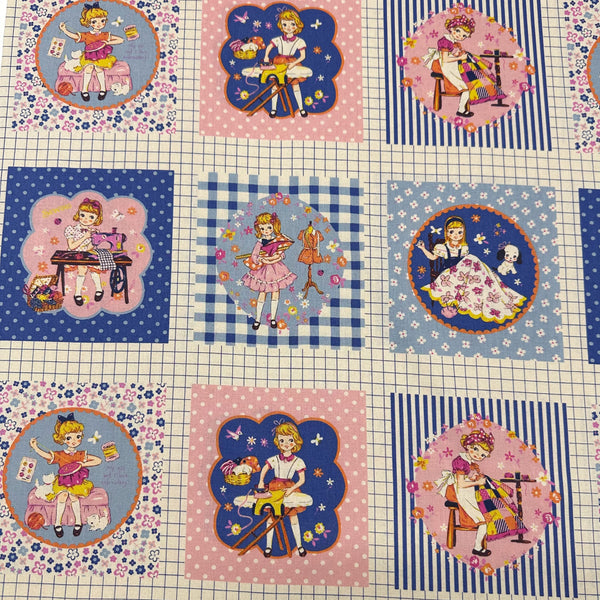 Cheery Days by Koko Seki Cotton Fabric, Retro Sewing Girls - Blue, Imported from Japan