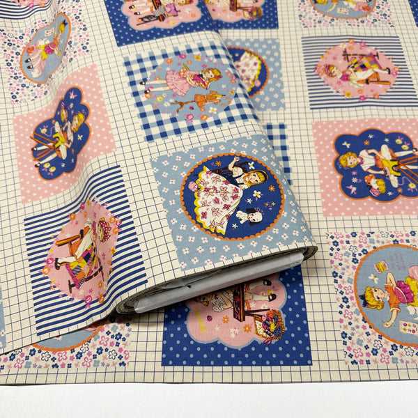 Cheery Days by Koko Seki Cotton Fabric, Retro Sewing Girls - Blue, Imported from Japan