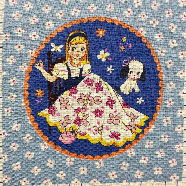 Cheery Days by Koko Seki Cotton Fabric, Retro Sewing Girls - Blue, Imported from Japan