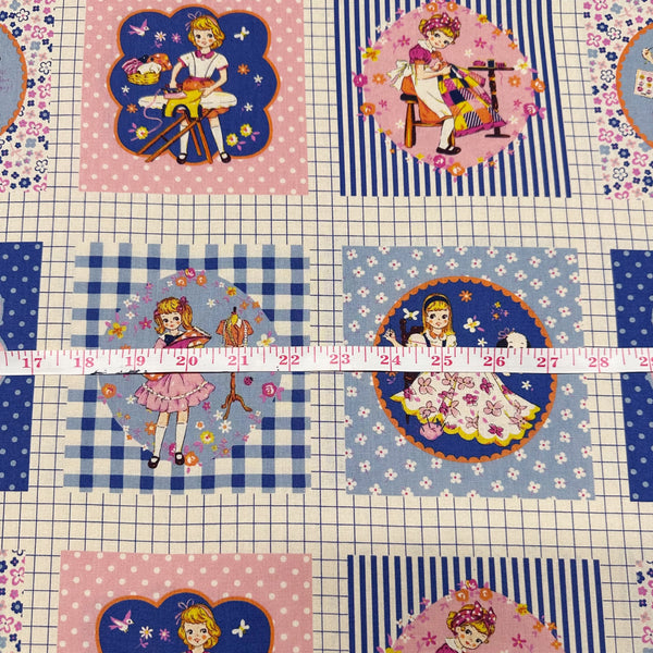 Cheery Days by Koko Seki Cotton Fabric, Retro Sewing Girls - Blue, Imported from Japan