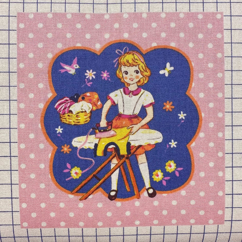 Cheery Days by Koko Seki Cotton Fabric, Retro Sewing Girls - Blue, Imported from Japan