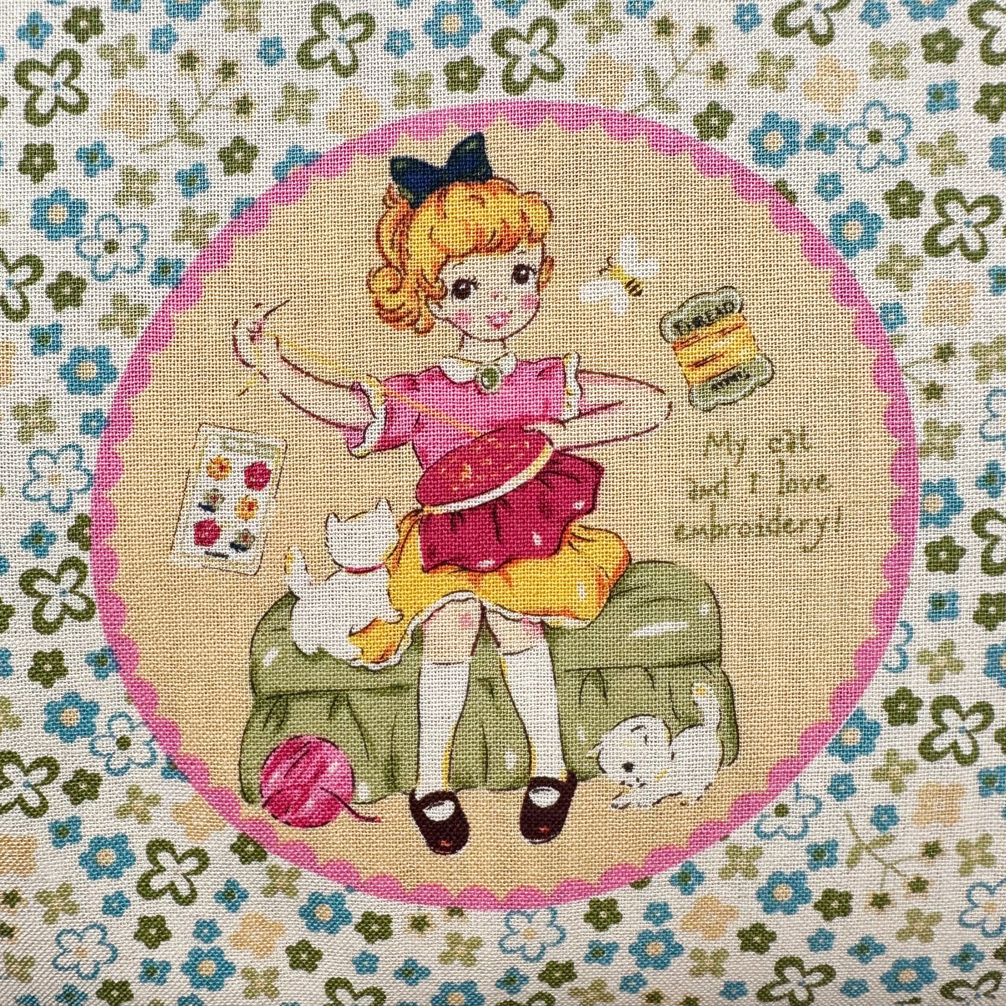 Cheery Days by Koko Seki Cotton Fabric, Retro Sewing Girls - Lt Teal, Imported from Japan