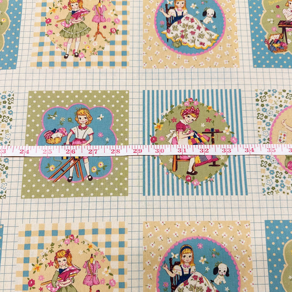 Cheery Days by Koko Seki Cotton Fabric, Retro Sewing Girls - Lt Teal, Imported from Japan