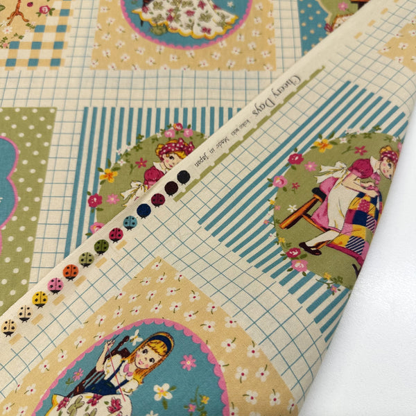 Cheery Days by Koko Seki Cotton Fabric, Retro Sewing Girls - Lt Teal, Imported from Japan