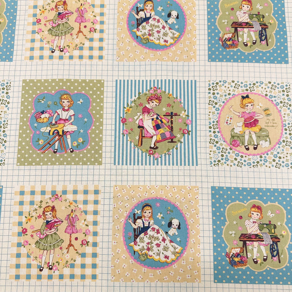 Cheery Days by Koko Seki Cotton Fabric, Retro Sewing Girls - Lt Teal, Imported from Japan