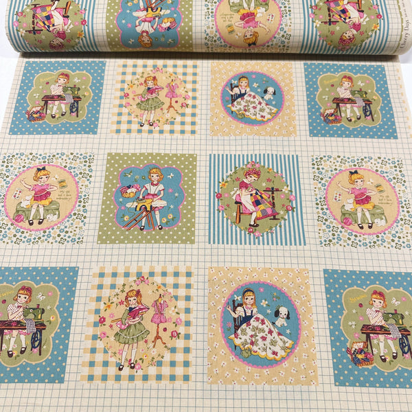 Cheery Days by Koko Seki Cotton Fabric, Retro Sewing Girls - Lt Teal, Imported from Japan