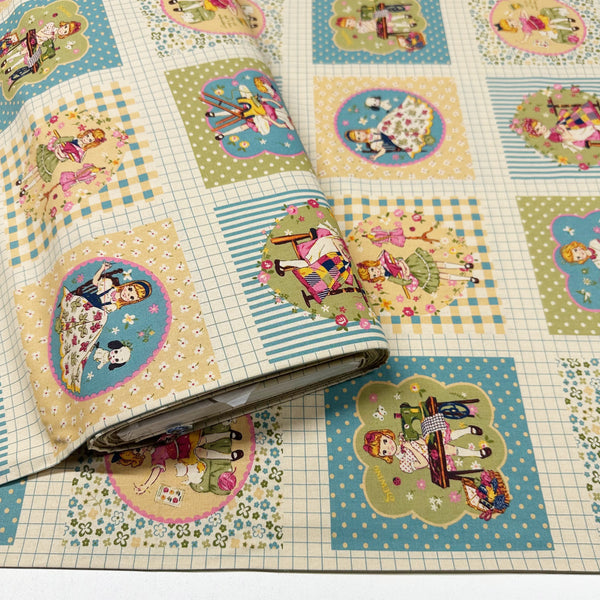 Cheery Days by Koko Seki Cotton Fabric, Retro Sewing Girls - Lt Teal, Imported from Japan