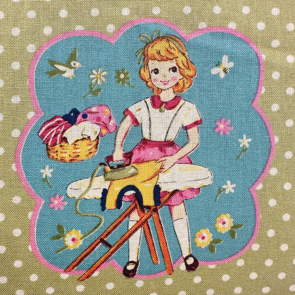 Cheery Days by Koko Seki Cotton Fabric, Retro Sewing Girls - Lt Teal, Imported from Japan
