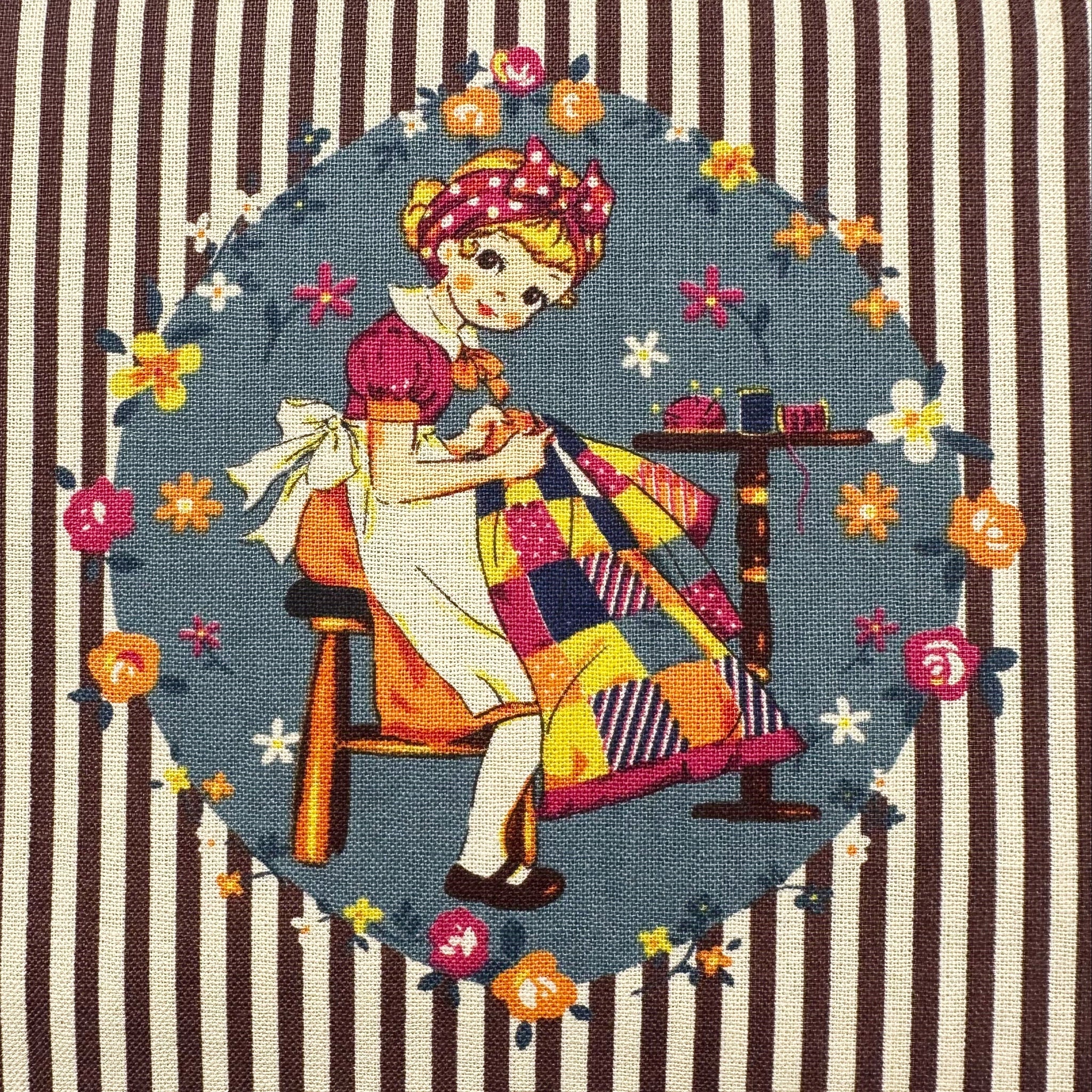 Cheery Days by Koko Seki Cotton Fabric, Retro Sewing Girls - Mustard, Imported from Japan