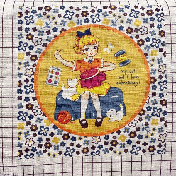 Cheery Days by Koko Seki Cotton Fabric, Retro Sewing Girls - Mustard, Imported from Japan
