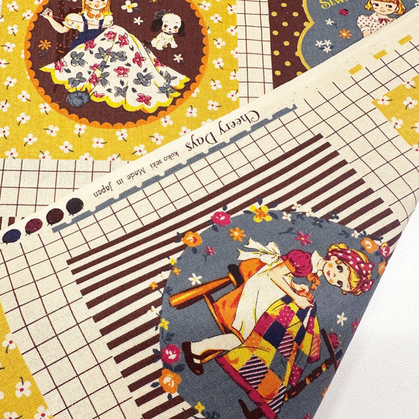 Cheery Days by Koko Seki Cotton Fabric, Retro Sewing Girls - Mustard, Imported from Japan