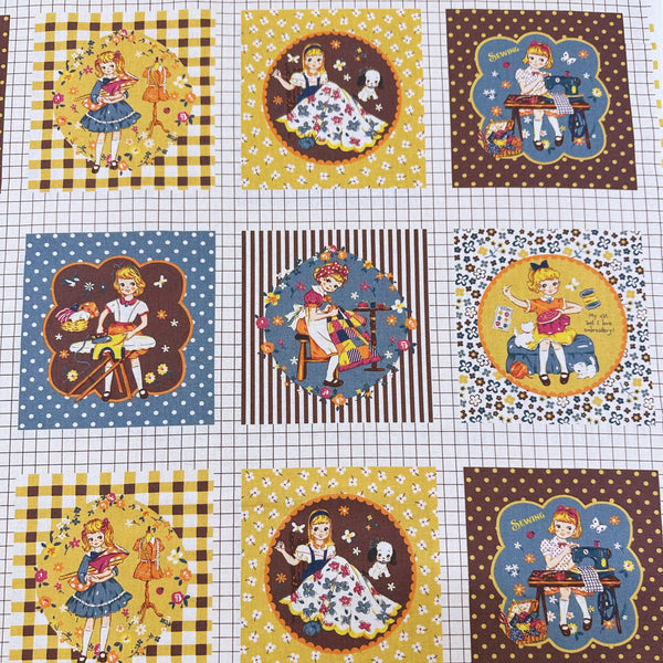 Cheery Days by Koko Seki Cotton Fabric, Retro Sewing Girls - Mustard, Imported from Japan