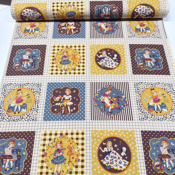 Cheery Days by Koko Seki Cotton Fabric, Retro Sewing Girls - Mustard, Imported from Japan