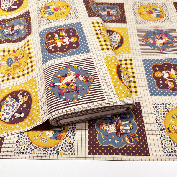 Cheery Days by Koko Seki Cotton Fabric, Retro Sewing Girls - Mustard, Imported from Japan