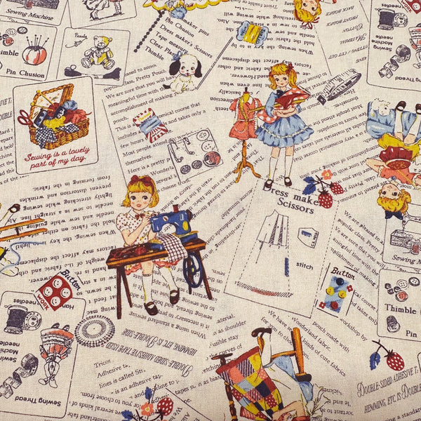 Cheery Days by Koko Seki Cotton Fabric, Retro Sewing Girls Toss, Ivory