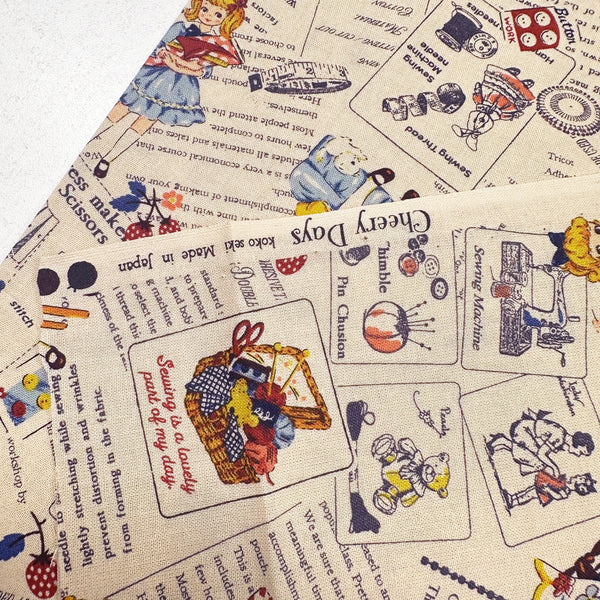 Cheery Days by Koko Seki Cotton Fabric, Retro Sewing Girls Toss, Ivory