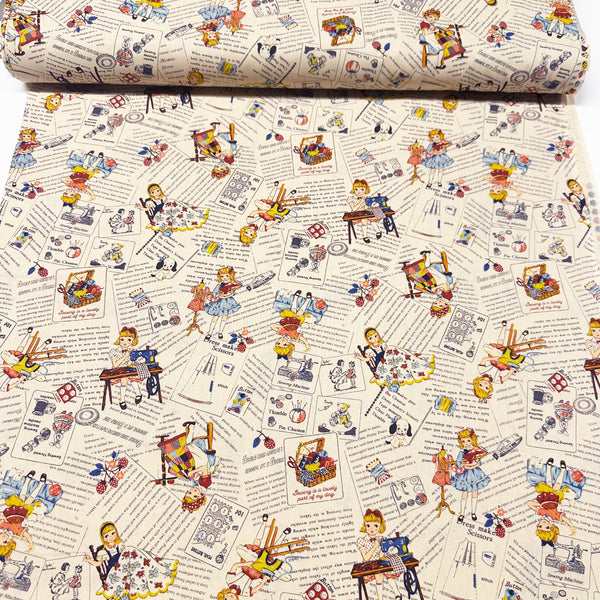 Cheery Days by Koko Seki Cotton Fabric, Retro Sewing Girls Toss, Ivory