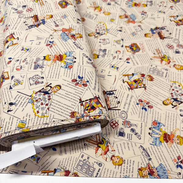 Cheery Days by Koko Seki Cotton Fabric, Retro Sewing Girls Toss, Ivory