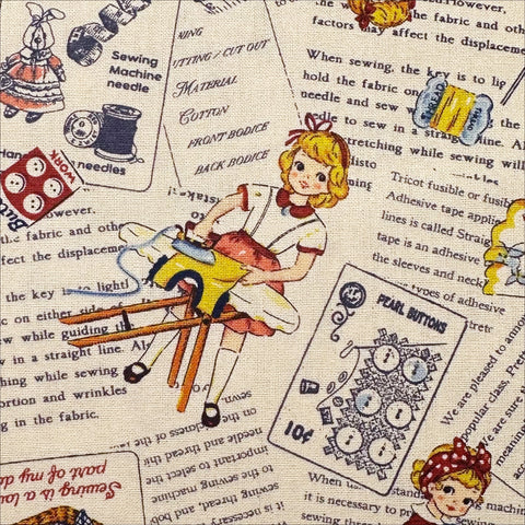 Cheery Days by Koko Seki Cotton Fabric, Retro Sewing Girls Toss, Ivory