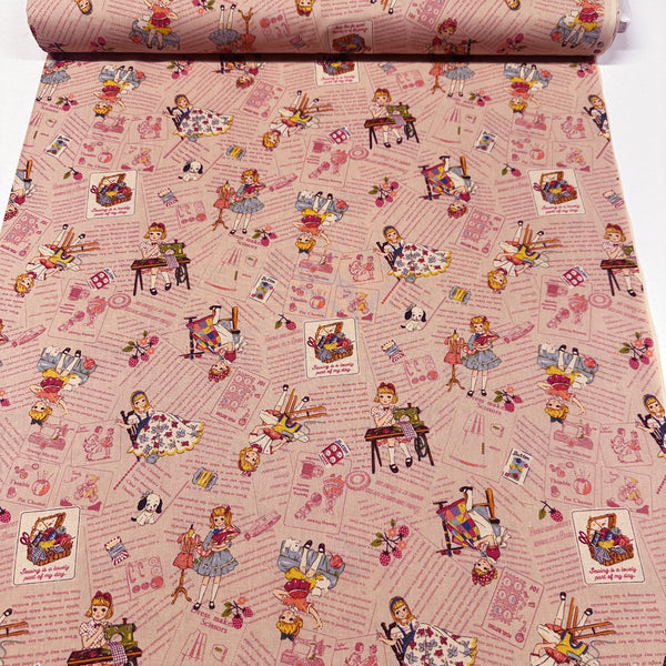 Cheery Days by Koko Seki Cotton Fabric, Retro Sewing Girls Toss, Pink