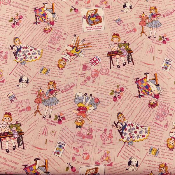 Cheery Days by Koko Seki Cotton Fabric, Retro Sewing Girls Toss, Pink 