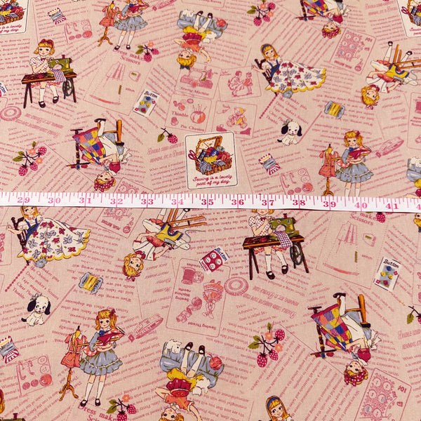 Cheery Days by Koko Seki Cotton Fabric, Retro Sewing Girls Toss, Pink