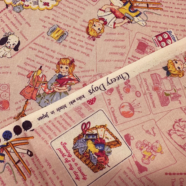 Cheery Days by Koko Seki Cotton Fabric, Retro Sewing Girls Toss, Pink