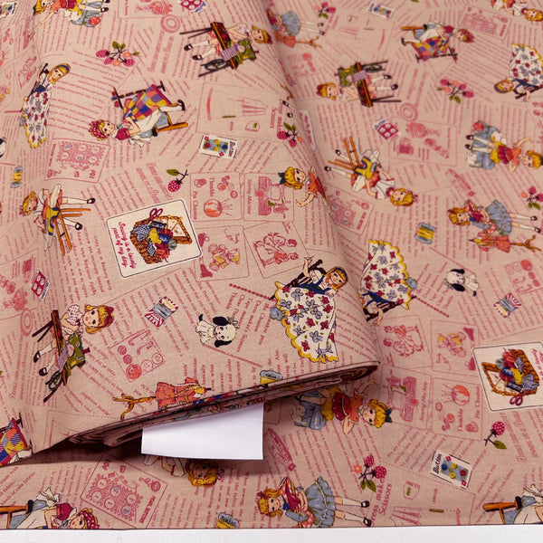 Cheery Days by Koko Seki Cotton Fabric, Retro Sewing Girls Toss, Pink
