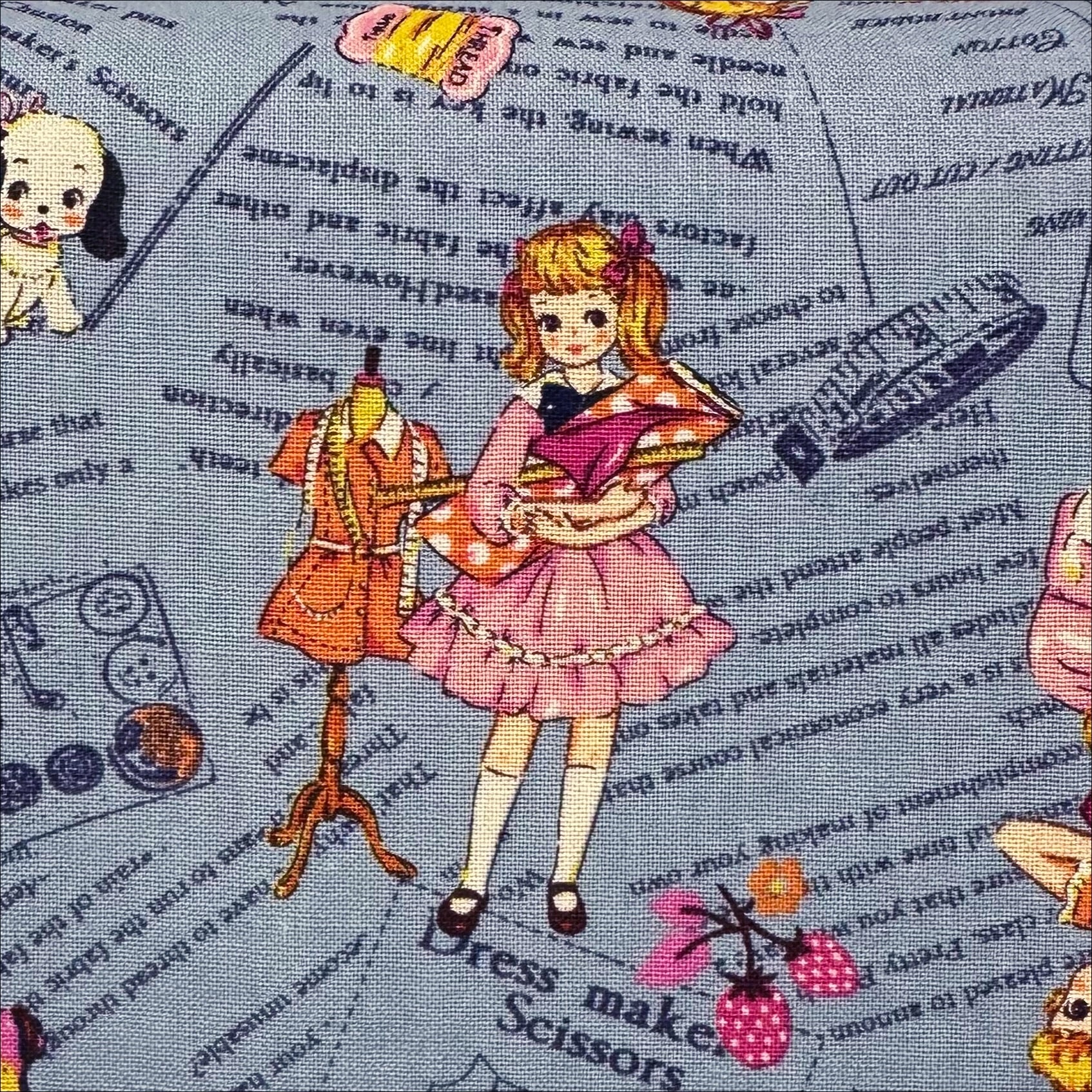 Cheery Days by Koko Seki Cotton Fabric, Retro Sewing Girls Toss on Blue