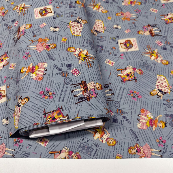 Cheery Days by Koko Seki Cotton Fabric, Retro Sewing Girls Toss on Blue