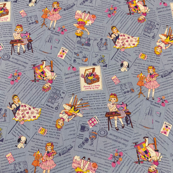 Cheery Days by Koko Seki Cotton Fabric, Retro Sewing Girls Toss on Blue