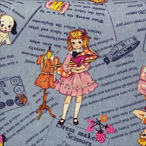 Cheery Days by Koko Seki Cotton Fabric, Retro Sewing Girls Toss on Blue