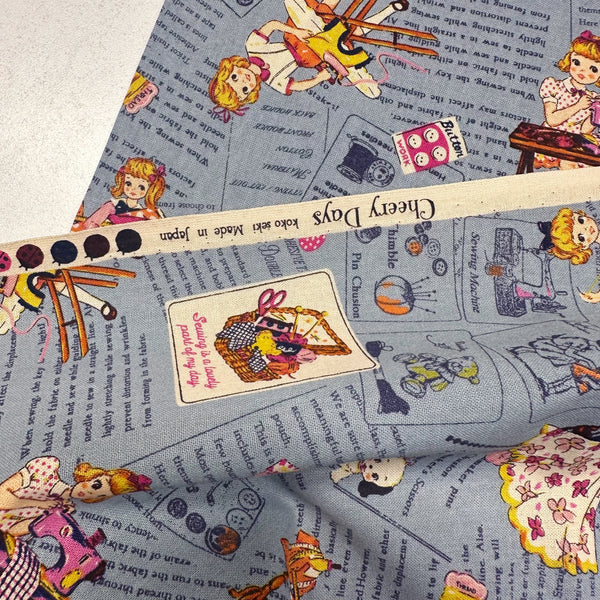 Cheery Days by Koko Seki Cotton Fabric, Retro Sewing Girls Toss on Blue