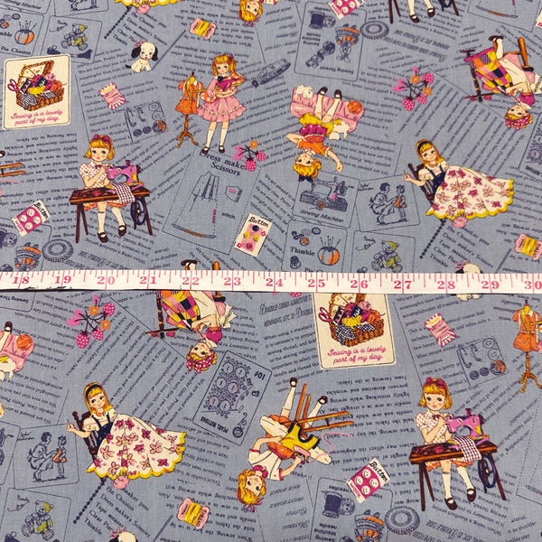 Cheery Days by Koko Seki Cotton Fabric, Retro Sewing Girls Toss on Blue