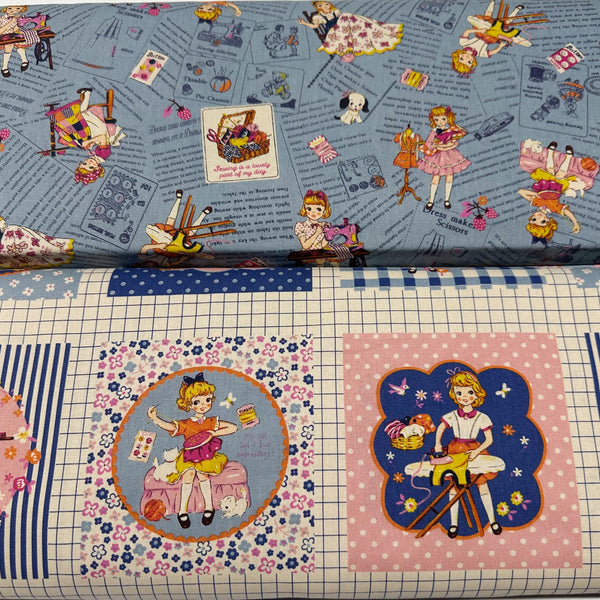 Cheery Days by Koko Seki Cotton Fabric, Retro Sewing Girls Toss on Blue