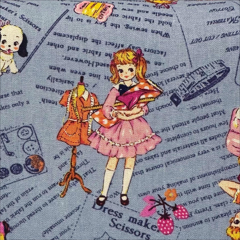 Cheery Days by Koko Seki Cotton Fabric, Retro Sewing Girls Toss on Blue
