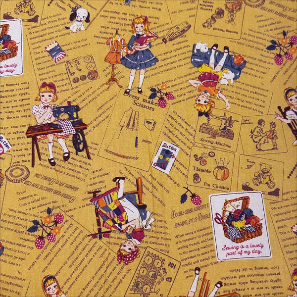 Cheery Days by Koko Seki Cotton Fabric, Retro Sewing Girls Toss on Mustard