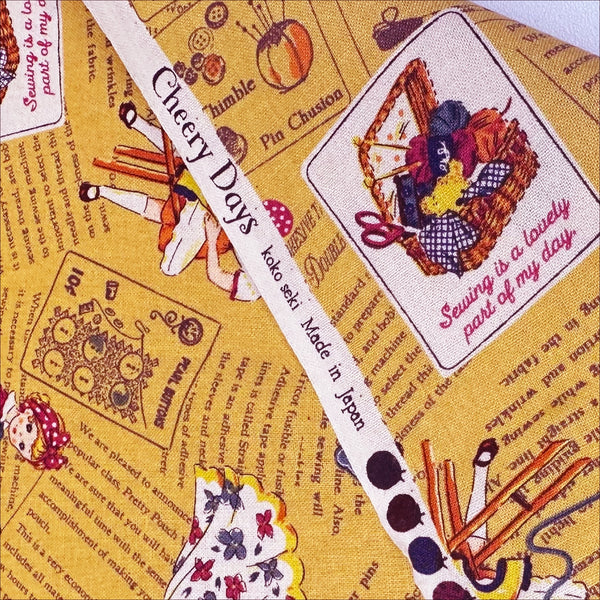Cheery Days by Koko Seki Cotton Fabric, Retro Sewing Girls Toss on Mustard